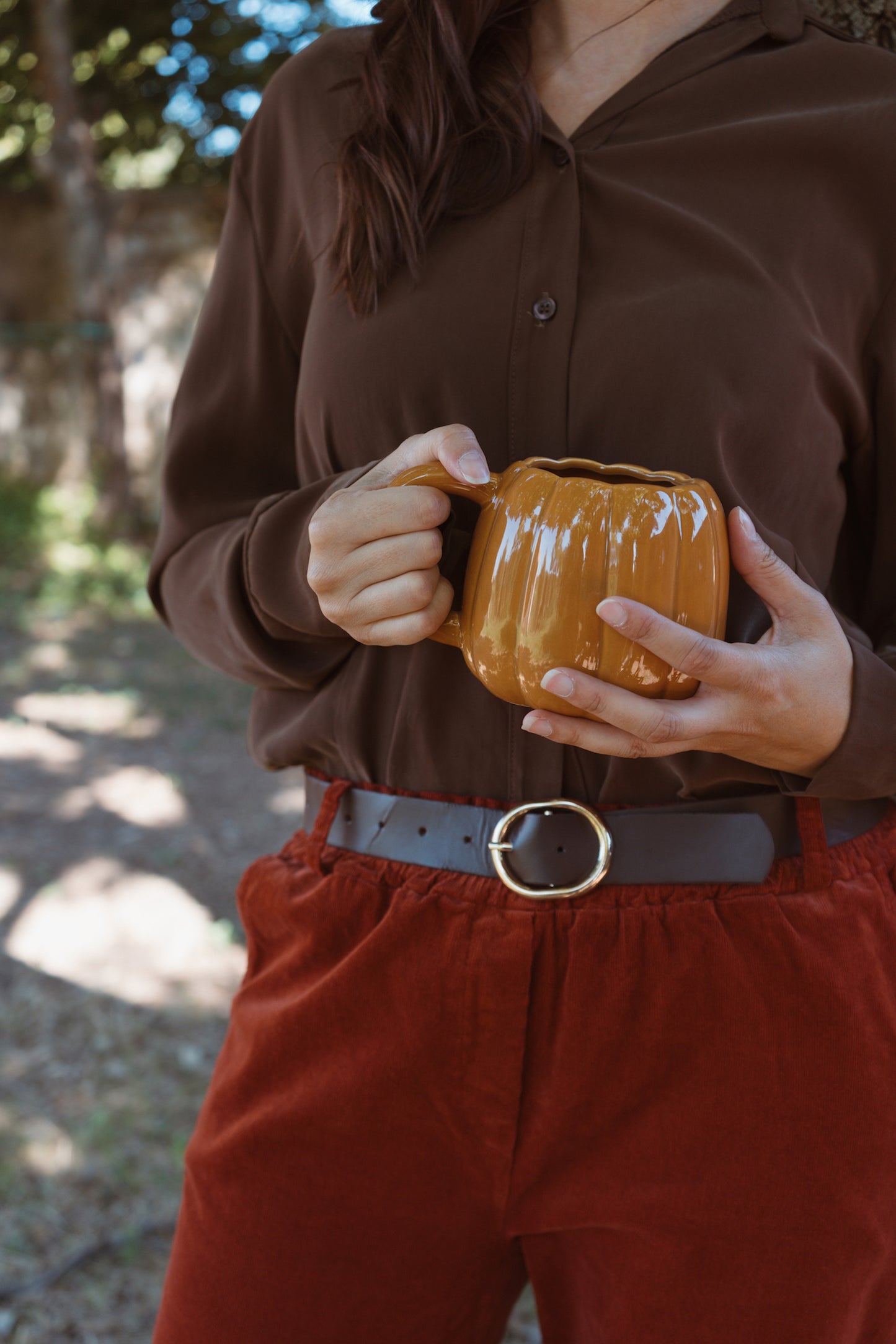 Pantalon en velours côtelé avec ceinture - Terracotta