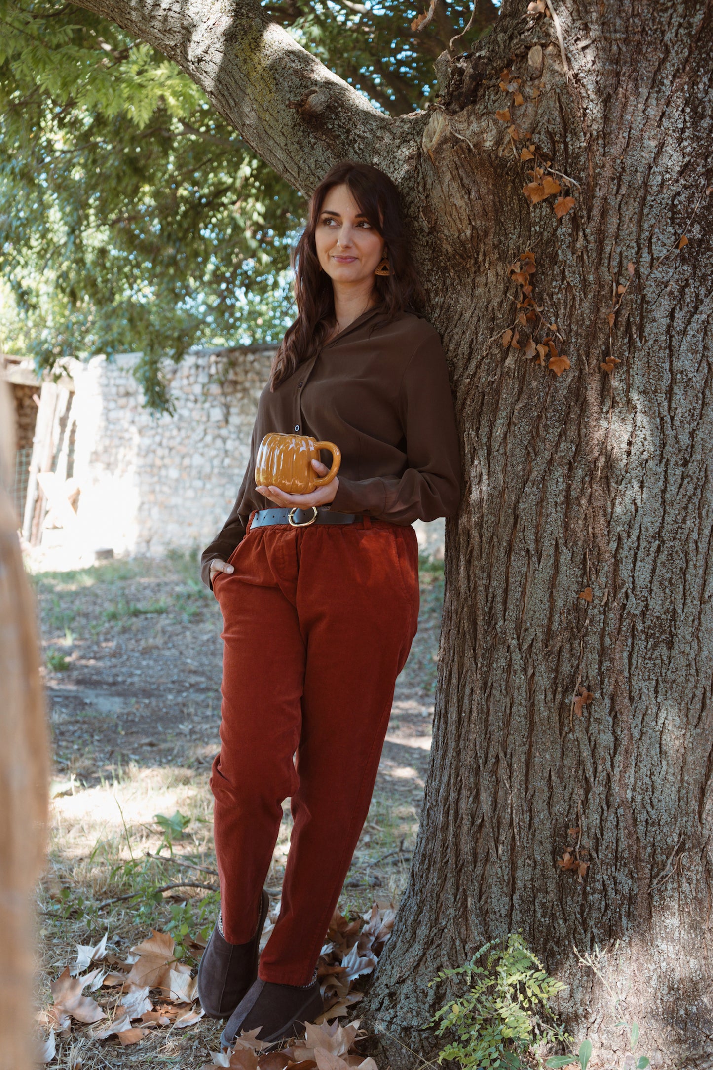 Pantalon en velours côtelé avec ceinture - Terracotta
