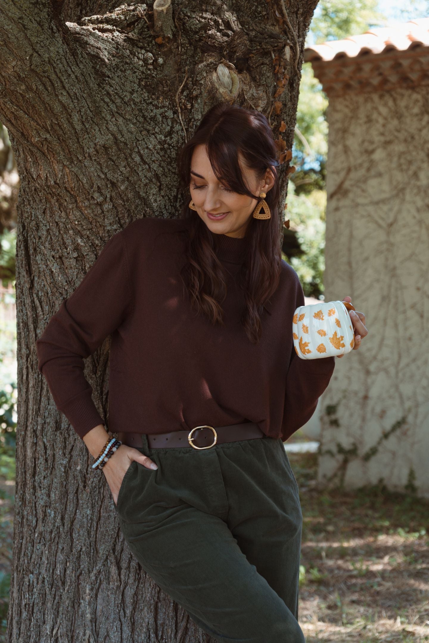 Pantalon en velours côtelé avec ceinture - Kaki