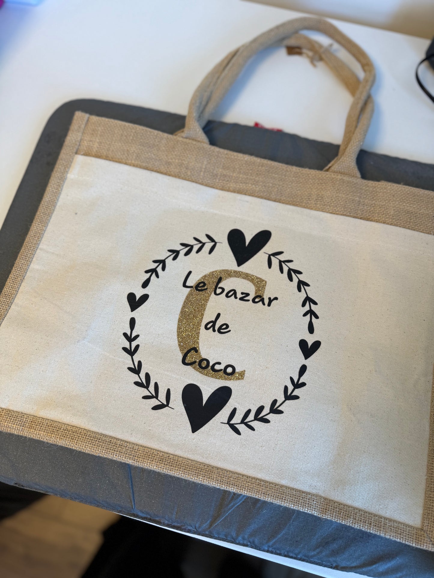 Sac en jute grand format avec pochette avant personnalisable