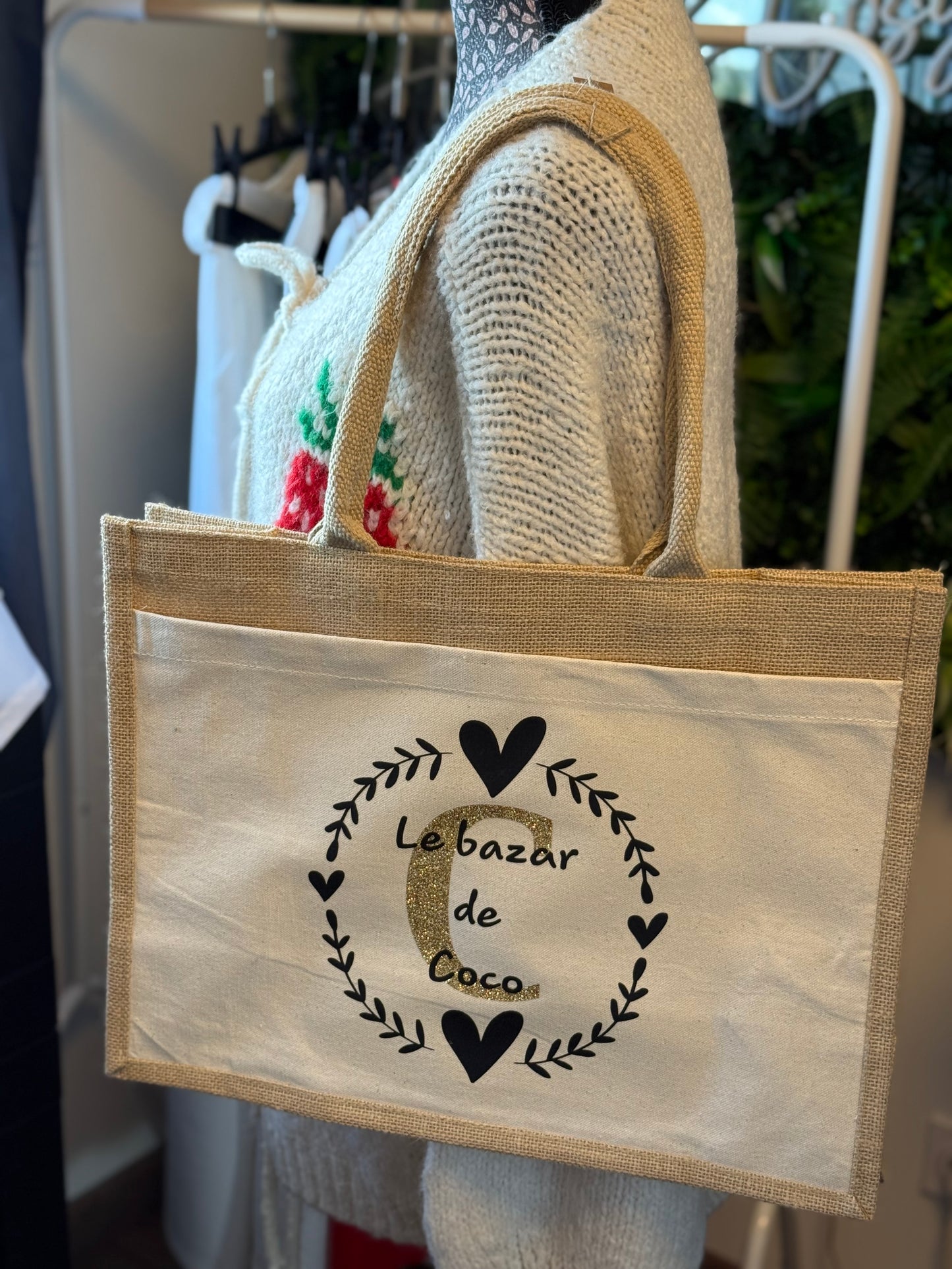 Sac en jute grand format avec pochette avant personnalisable