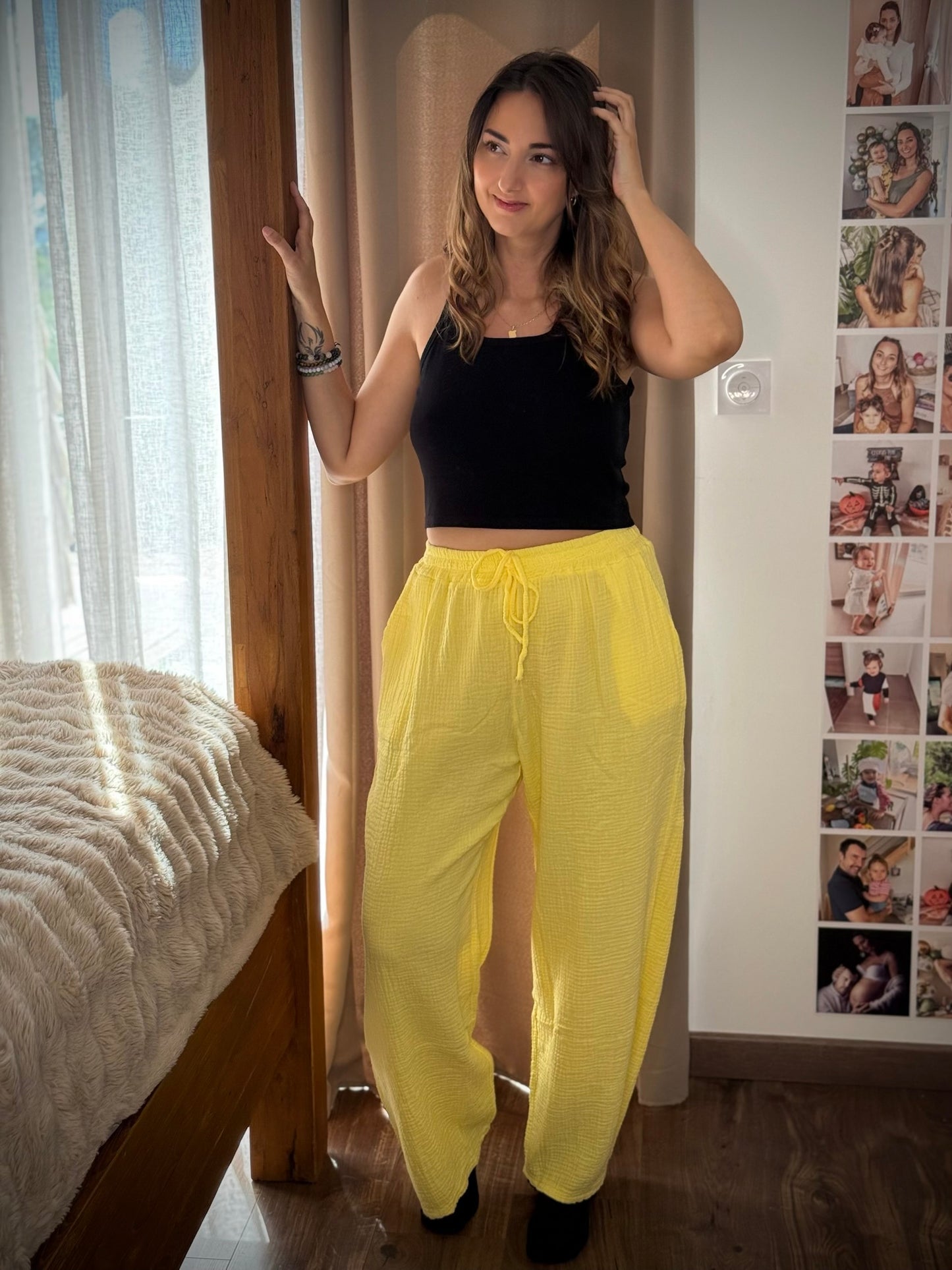 Pantalon large en gaze de coton / Jaune