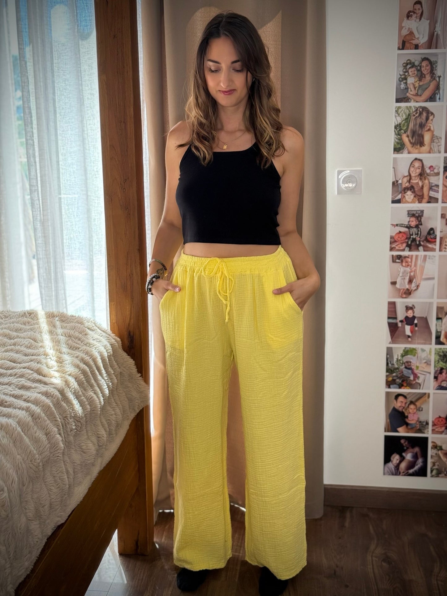 Pantalon large en gaze de coton / Jaune