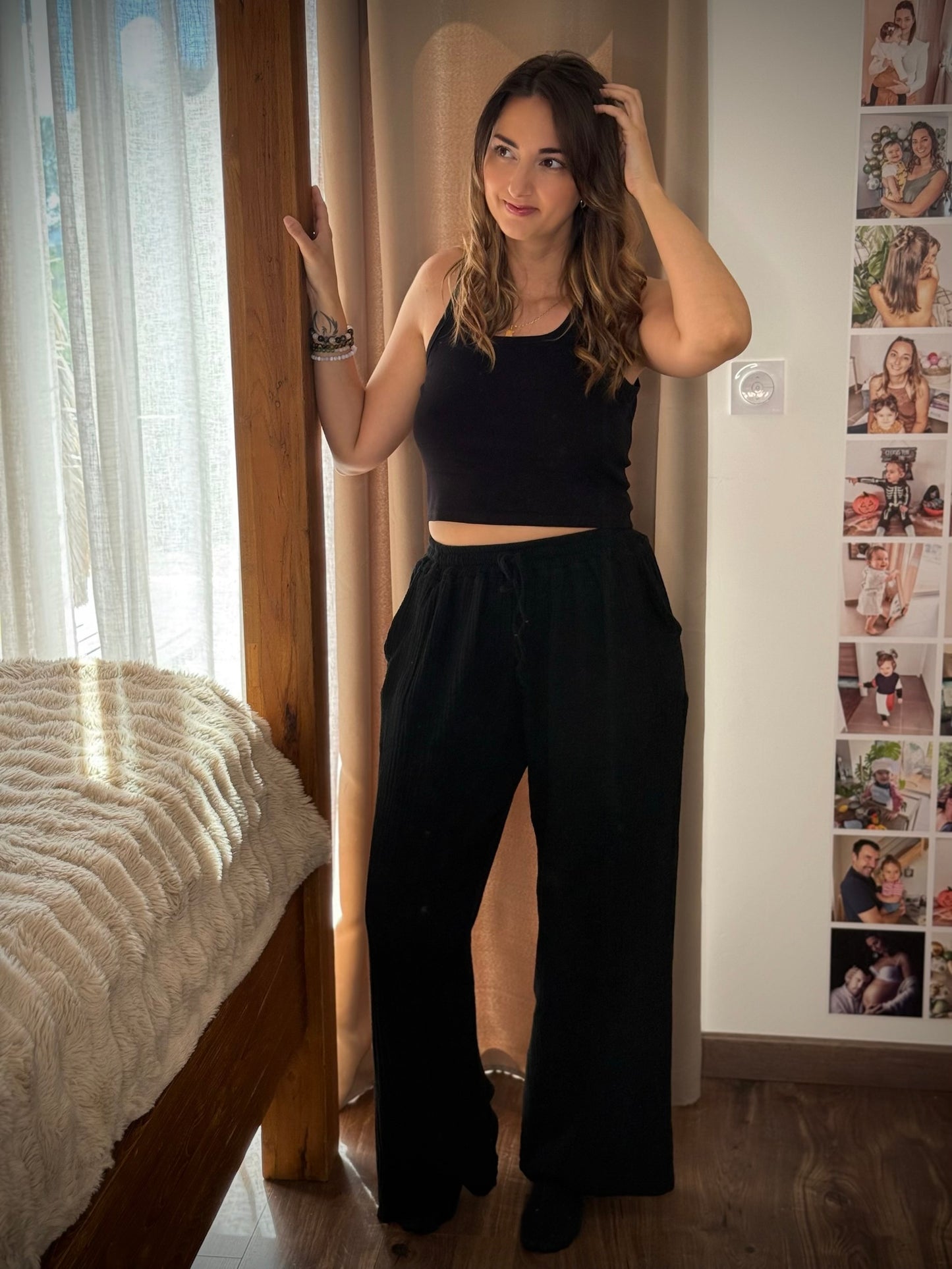 Pantalon large en gaze de coton / Noir