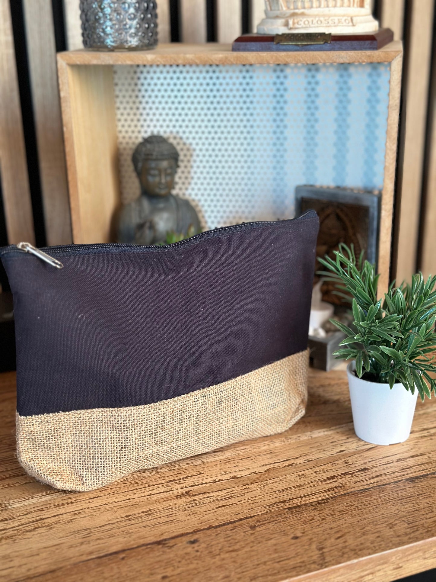 Trousse de toilettes en coton et jute personnalisée / Bleu Marine
