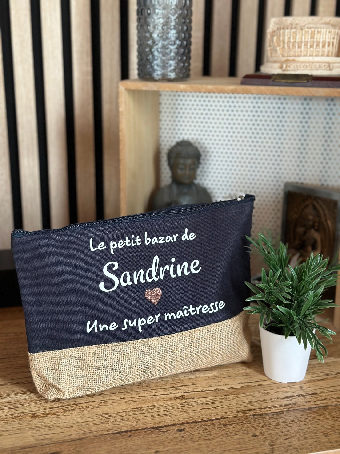 Trousse de toilettes en coton et jute personnalisée / Bleu Marine