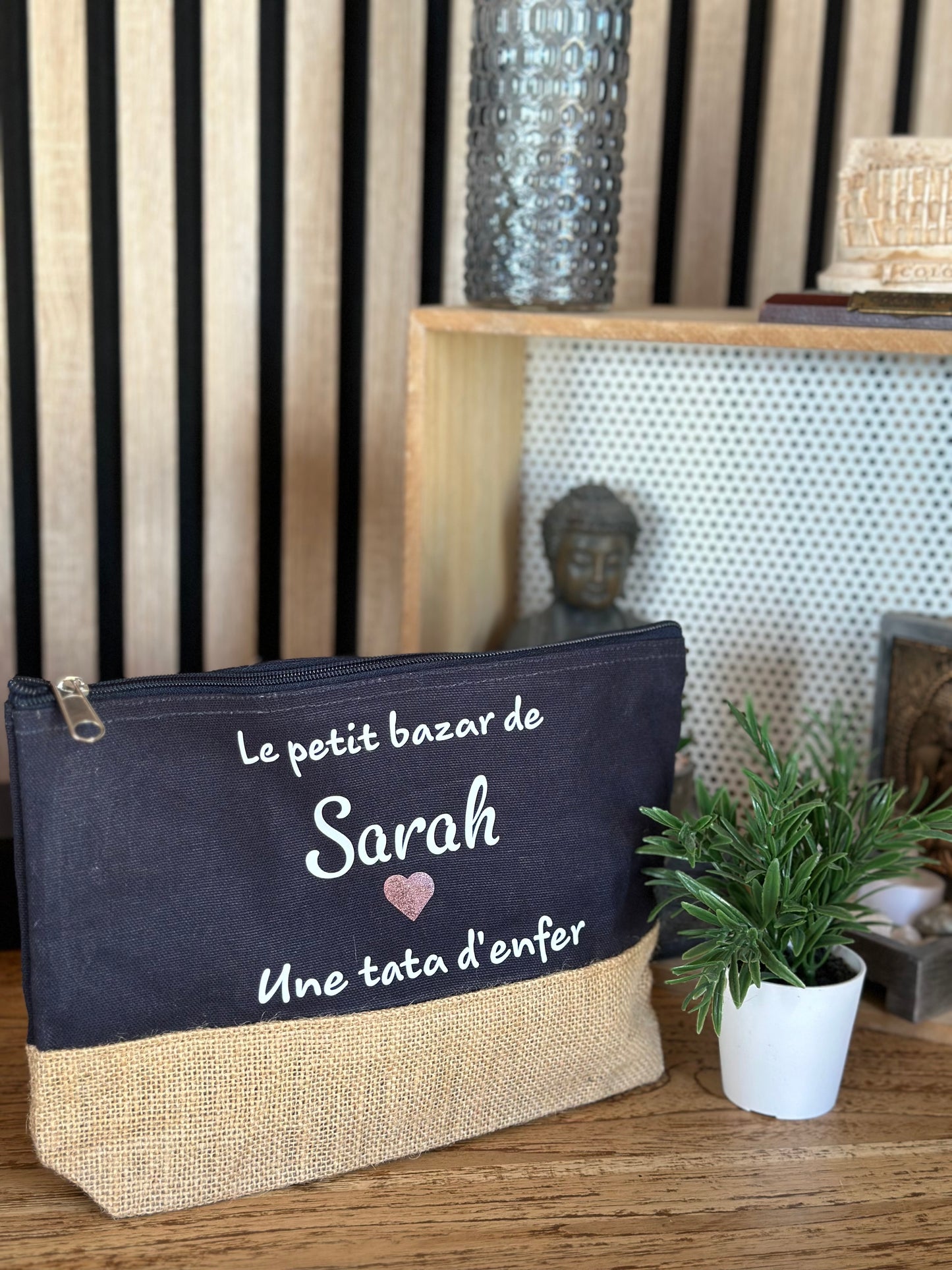 Trousse de toilettes en coton et jute personnalisée / Bleu Marine