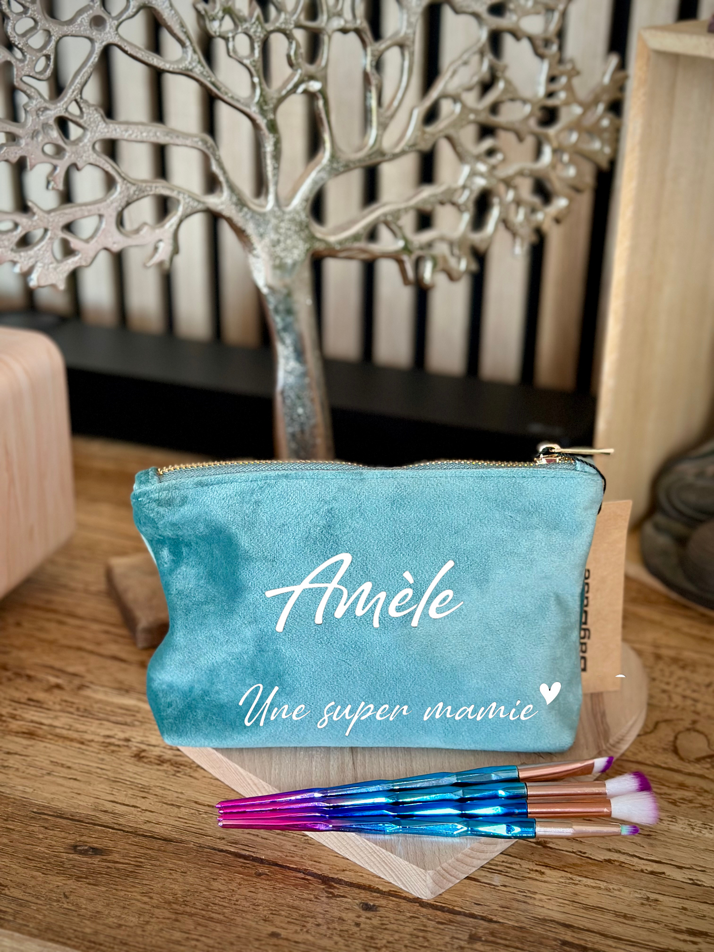 Trousse de maquillage en velours personnalisable / Vert jade