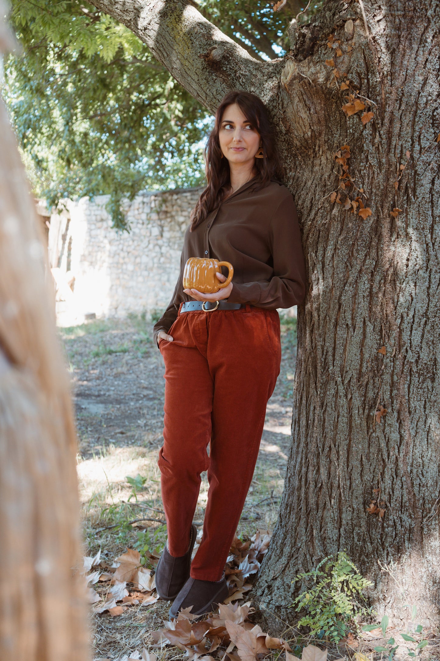 Pantalon en velours côtelé avec ceinture - Terracotta