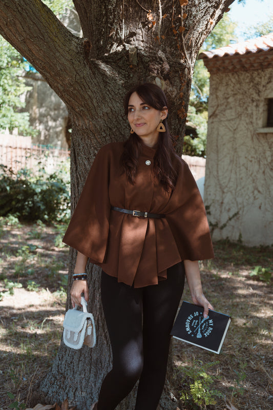 Cape Poncho avec ceinture - Brun foncé
