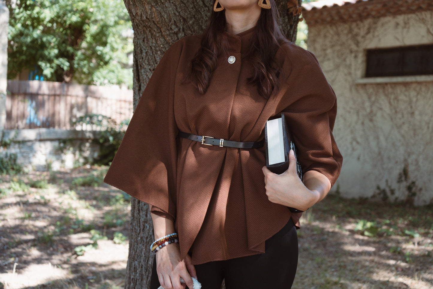 Cape Poncho avec ceinture - Brun foncé