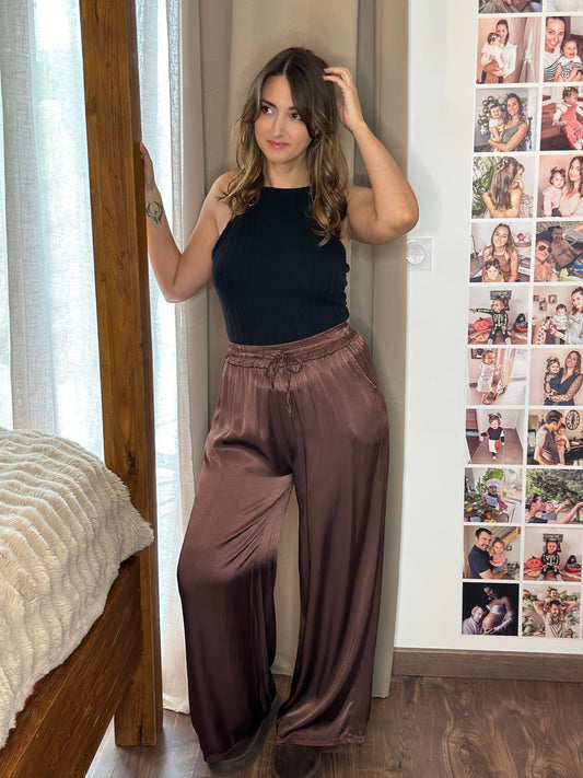 Pantalon satin Myriam / Chocolat