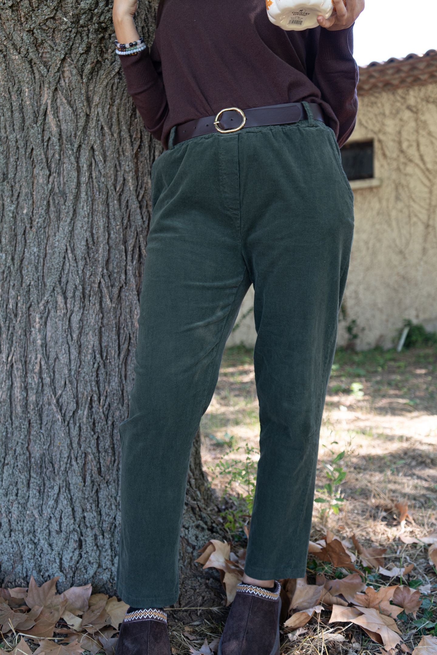 Pantalon en velours côtelé avec ceinture - Kaki