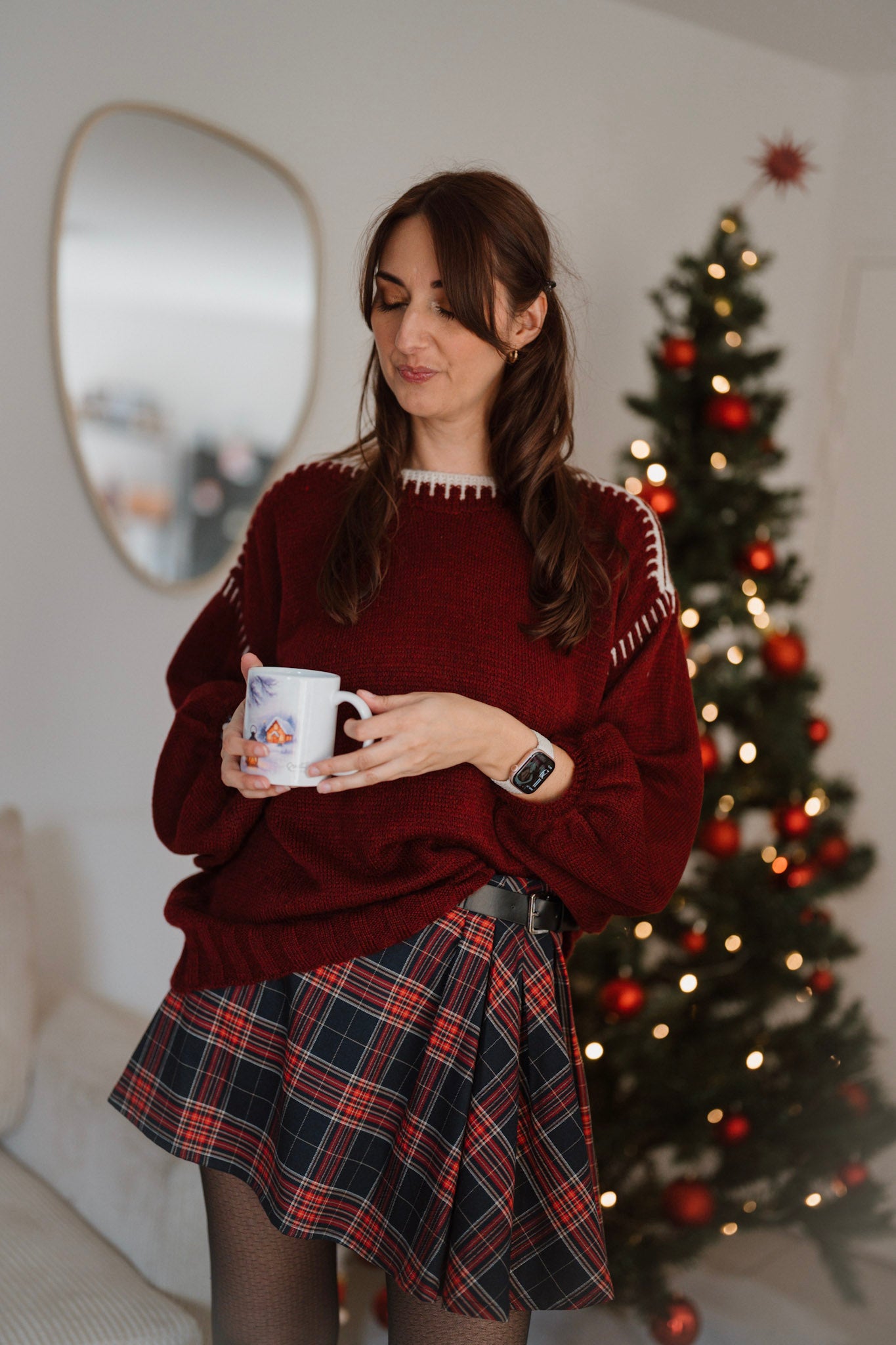 Pull oversize à col rond avec liserés / Bordeaux