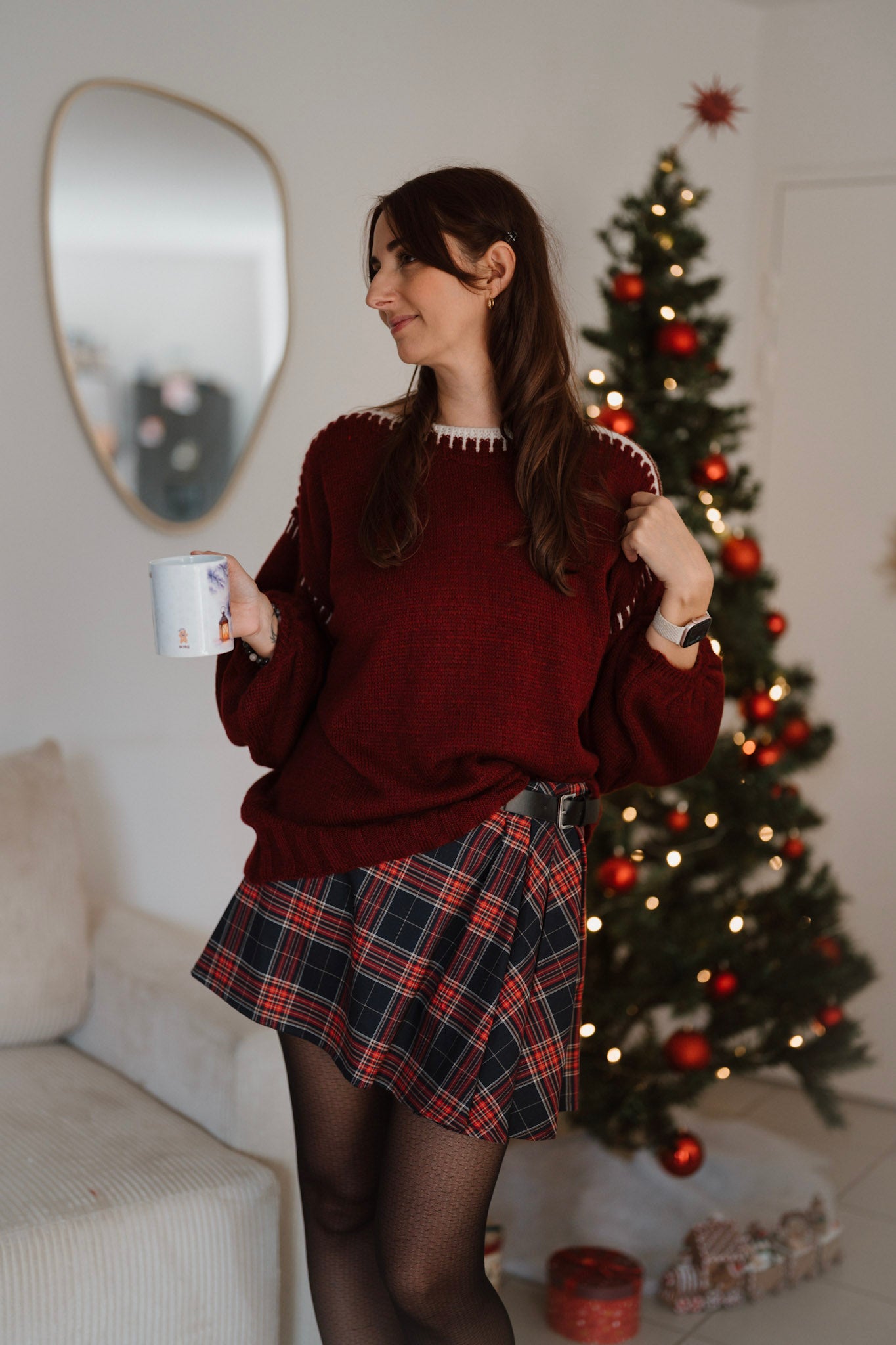 Pull oversize à col rond avec liserés / Bordeaux