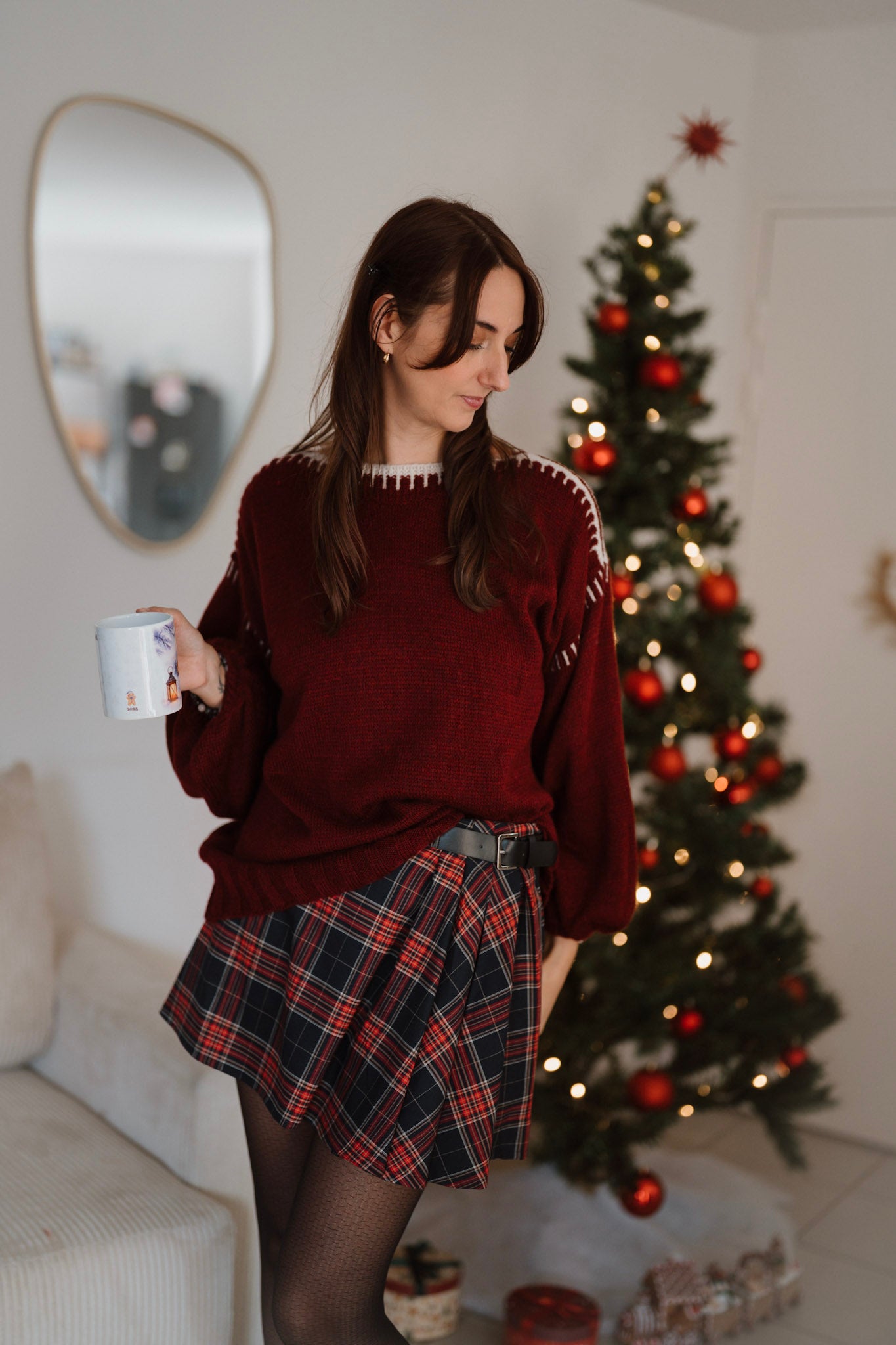 Pull oversize à col rond avec liserés / Bordeaux