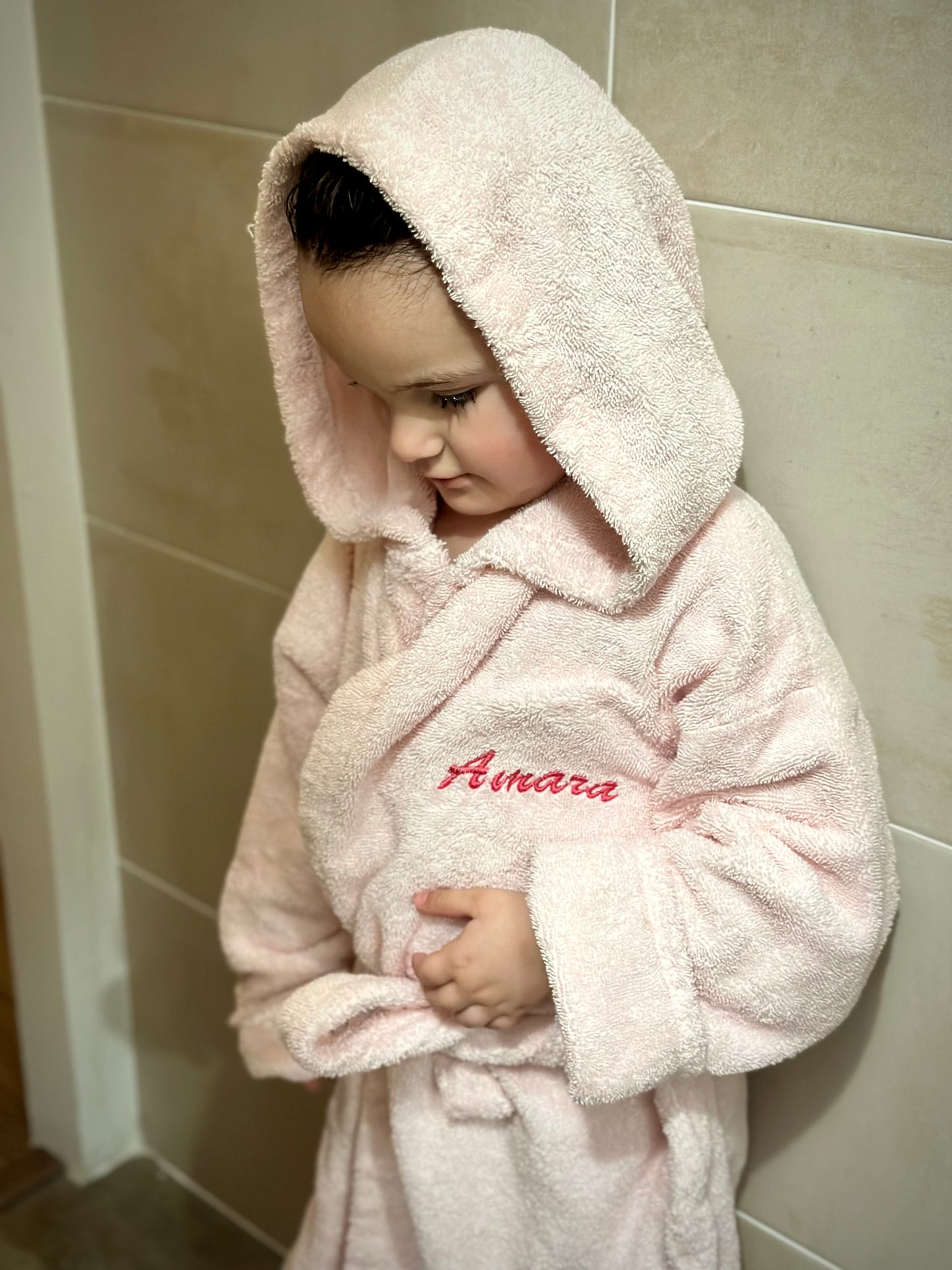 Peignoir de bain bio pour enfant personnalisable (broderie) / Rose