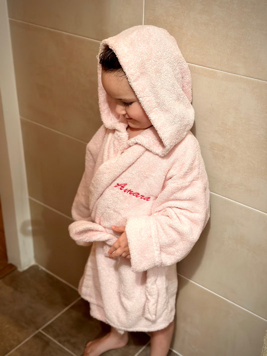 Peignoir de bain bio pour enfant personnalisable (broderie) / Rose